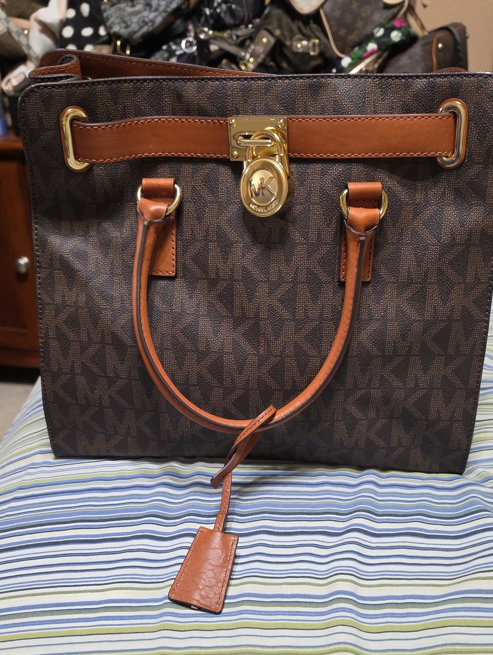 Michael Kors Brown and Tan Monogram Tote with Gold Hardware